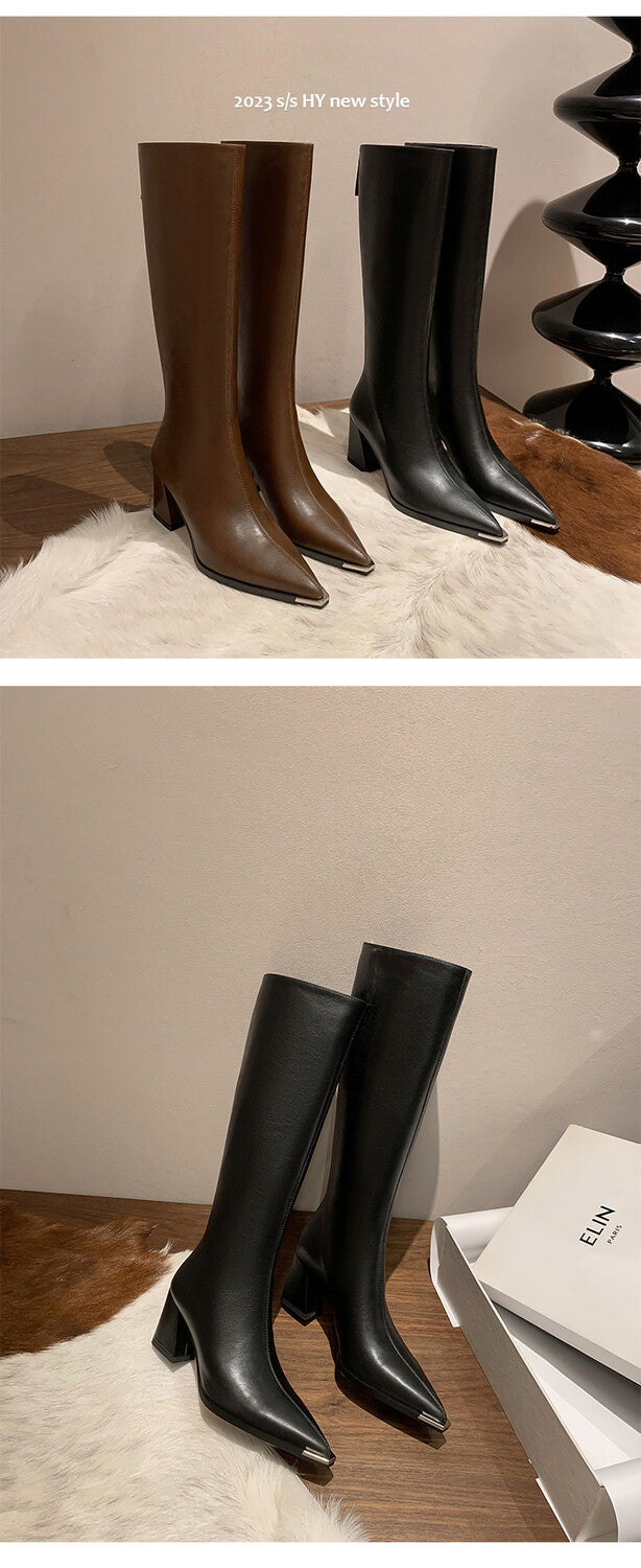 Karin Luna In Stock  In Stock Elegant Metal Pointed Toe Chunky Heel Full Cowhide Leather Riding Boots