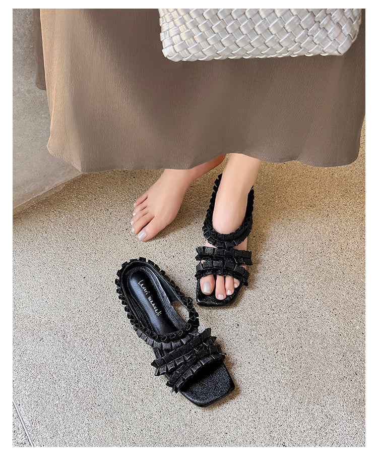 Karin Luna In Stock   Spot Goods  Niche Design Square-Toed Pleated Flat Slippers