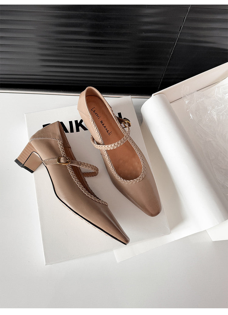Karin Luna Braided Element Design Chunky Heel Square Toe Single Strap Shoes
