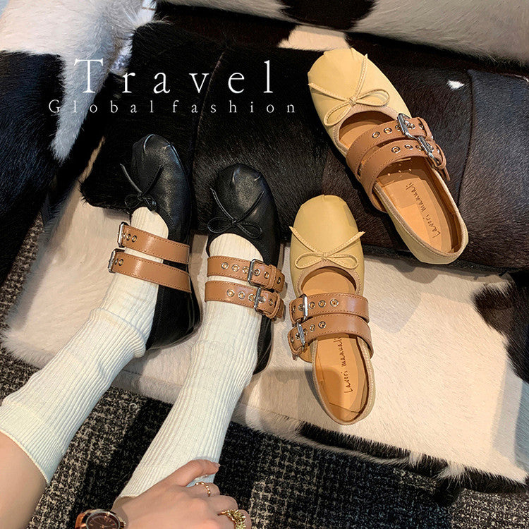 Karin Luna In Stock Spot Goods Minimalist Retro Round Toe Mary Jane Bowknot Height-Increasing Flats