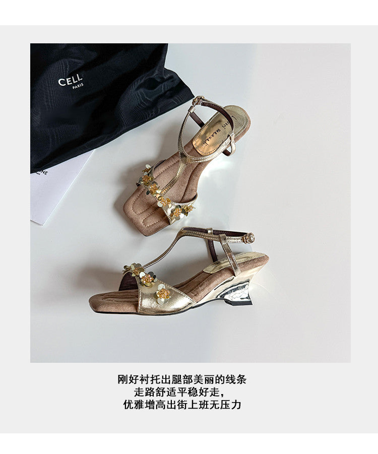 Karin Luna Hot-Selling Sequin Floral Series ~  Square Toe Irregular Heel Square Toe Sandals