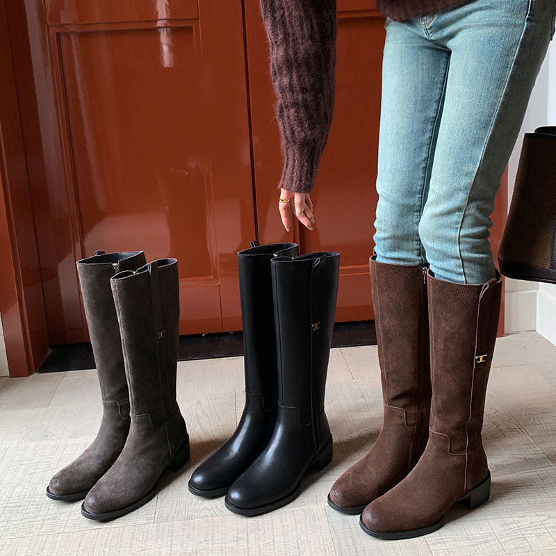Karin Luna In Stock Spot Goods Basic Retro Square Toe Chunky Heel Riding Boots