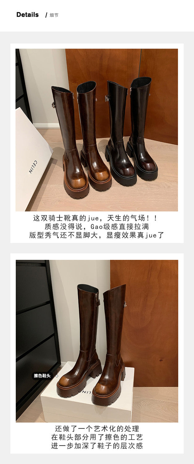 Karin Luna In Stock In Stock  Round Toe Thick Sole Belt Buckle Side Zipper Knight Boots
