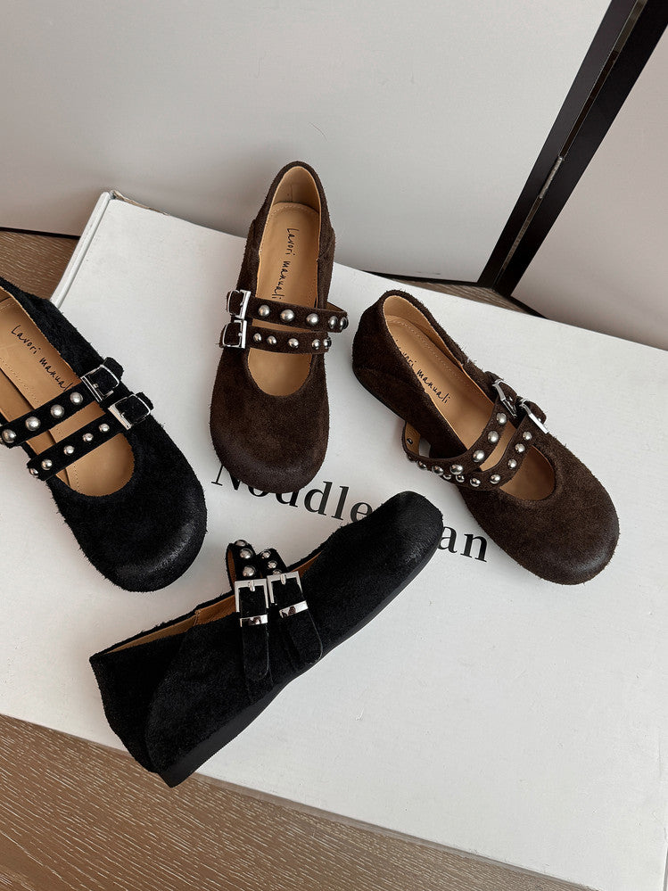 Karin Luna Hot Item Hot Item Punk Style One-Strap Round-Toe Suede Leather Height-Increasing Flats