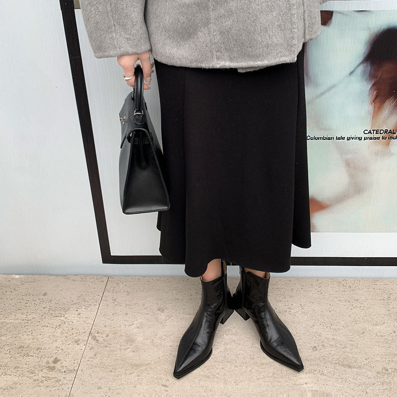 Karin Luna In Stock Spot Goods Elegant Stretch Fabric Patchwork Pointed Toe Chunky Heel Short Boots