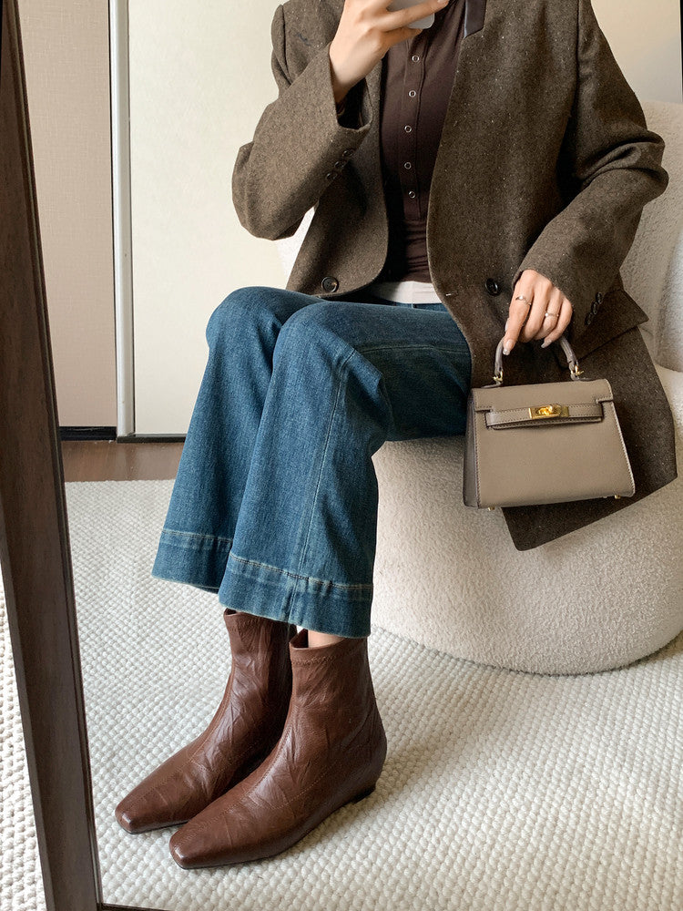 Karin Luna In Stock Spot Goods Slim Series  Hidden Wedge Small Square Toe Back Zipper Short Boots