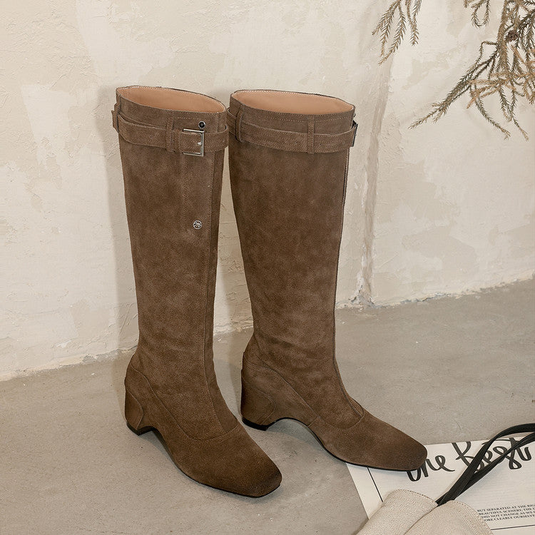 Karin Luna Belt Buckle Elegant Chunky Heel Suede Western Boots