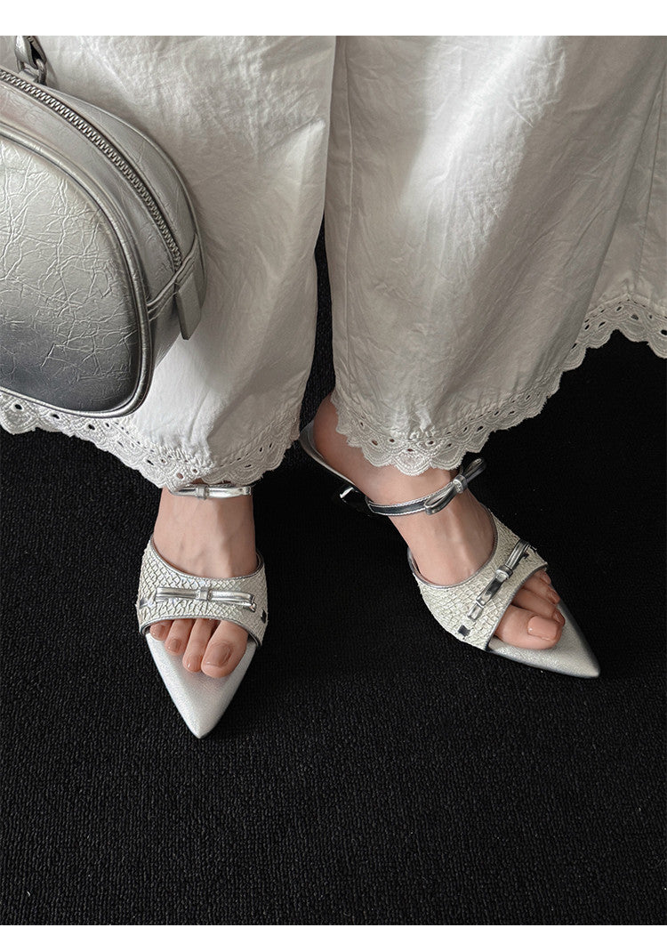 Karin Luna Fish Skin Series~Pointed Toe Irregular Heel Bowknot Strap Slippers
