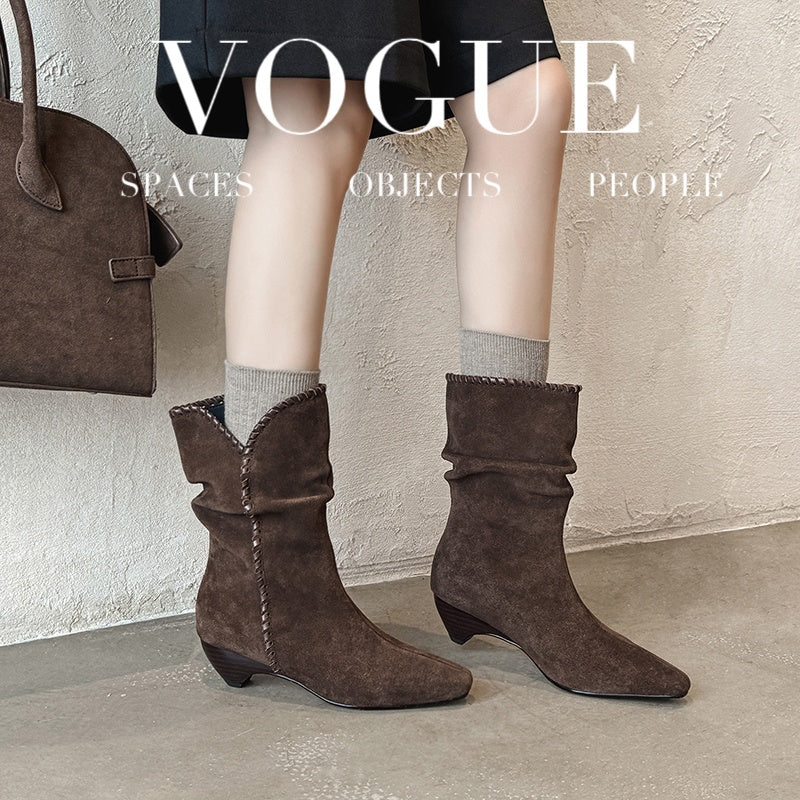 Karin Luna Small Square Toe Retro Ruched Pile Short Boots