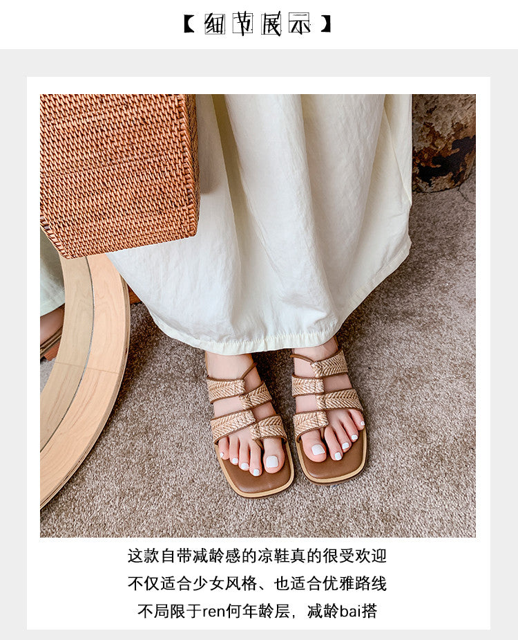 Karin Luna In Stock Spot Goods  Popular Element Woven Style Square Toe Thong Sandals