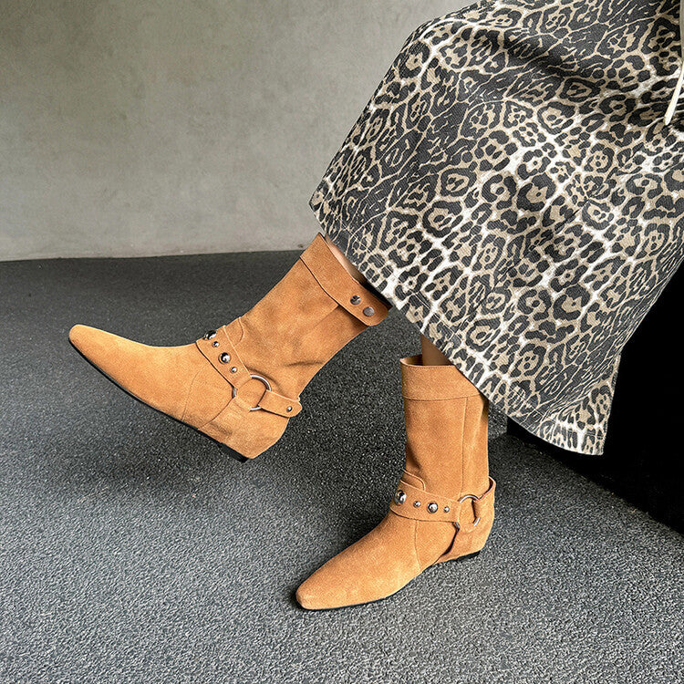 Karin Luna has prepared stock  Hot-Selling Retro Pointed Toe Wedge Metal Buckle High Tube Western Boots