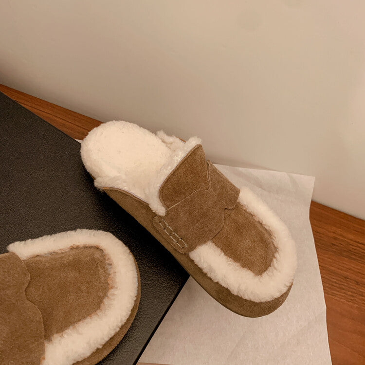 Karin Luna In Stock Look~This is such thick lamb wool Winter Atmosphere！Cowhide Leather Lamb Wool Round Toe Flat Sole Half Support！