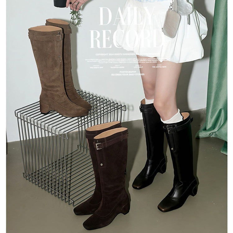 Karin Luna Belt Buckle Elegant Chunky Heel Suede Western Boots