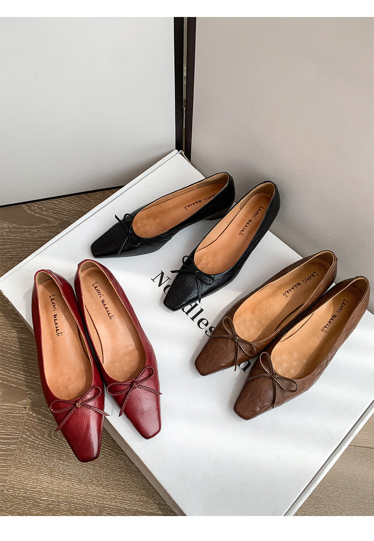 Karin Luna Full Layer Inside and Out~Basic Versatile Small Square Toe Butterfly Knot Irregular Heel Single Shoes