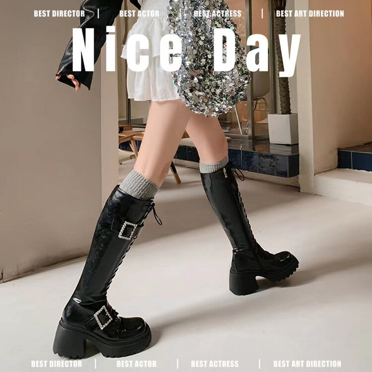 Karin Luna In Stock Spot Goods Bestselling Extended Version Rhinestone Square Buckle Thick Sole Lace-up Thick Sole Full Cowhide Knight Boots
