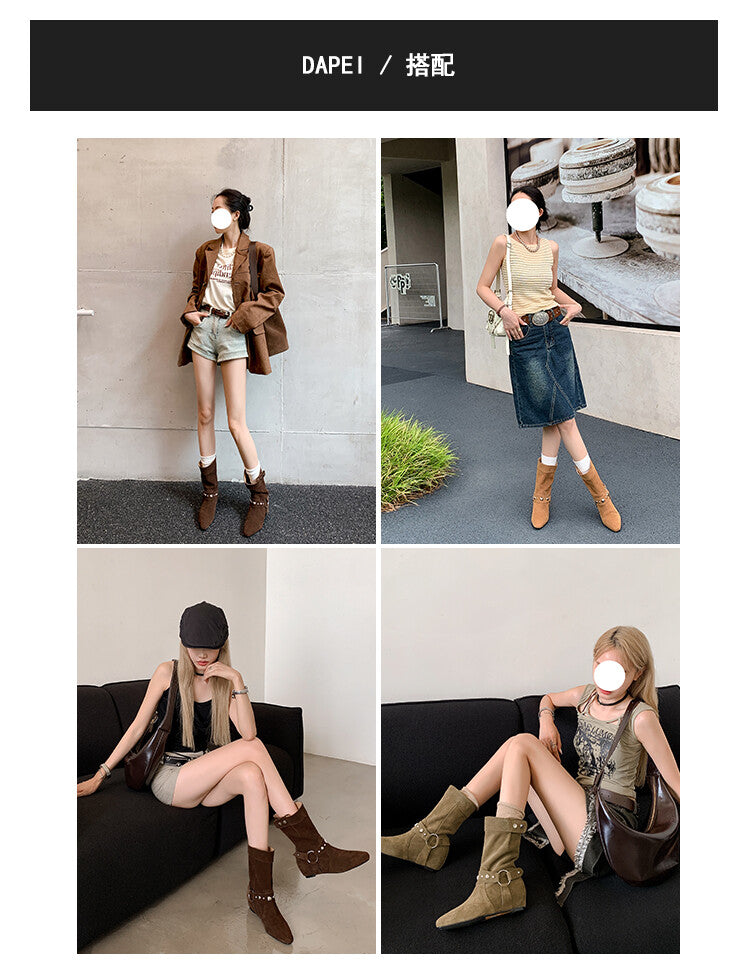 Karin Luna has prepared stock  Hot-Selling Retro Pointed Toe Wedge Metal Buckle High Tube Western Boots