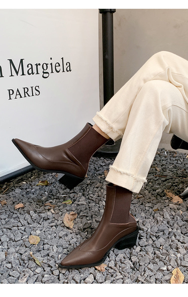 Karin Luna In Stock Spot Goods   Elegant Pointed Toe Chunky Heel Ankle Boots