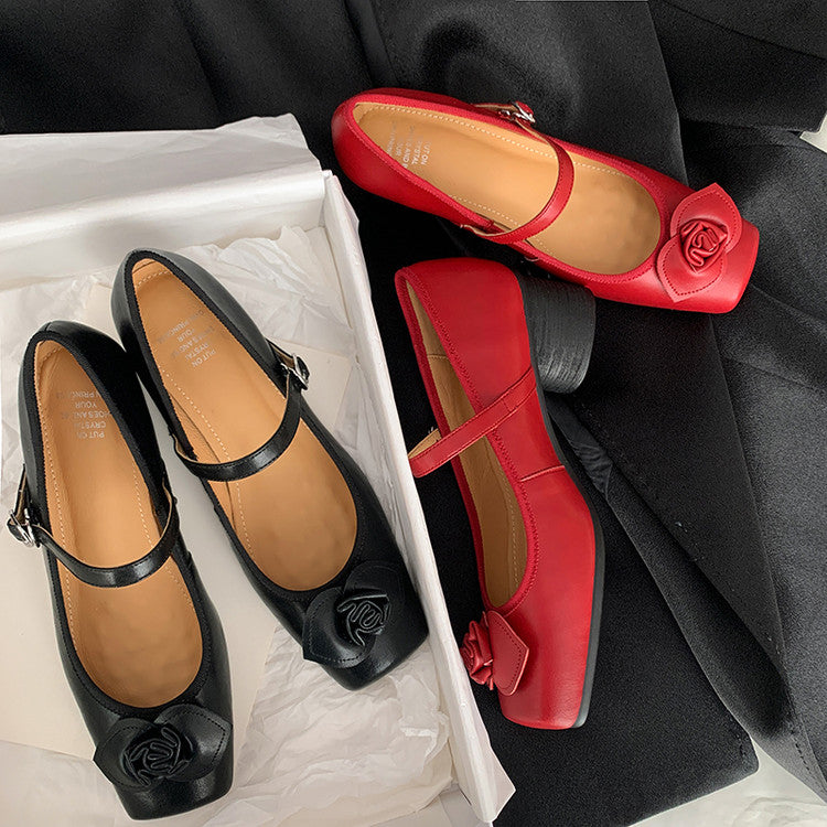 Karin Luna In Stock Spot Goods  Vintage Three-Dimensional Camellia Square-Toed Mary Jane Shoes