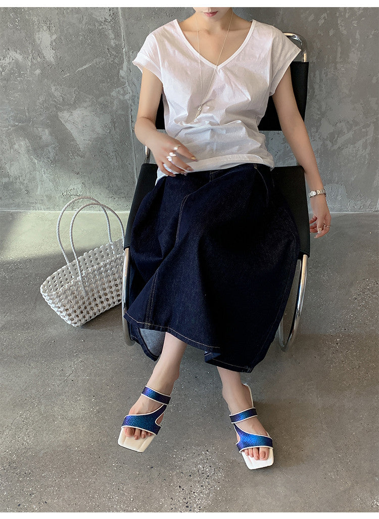 Karin Luna Fish Skin Series~Minimalist Square Toe Popular Irregular Heel Slippers