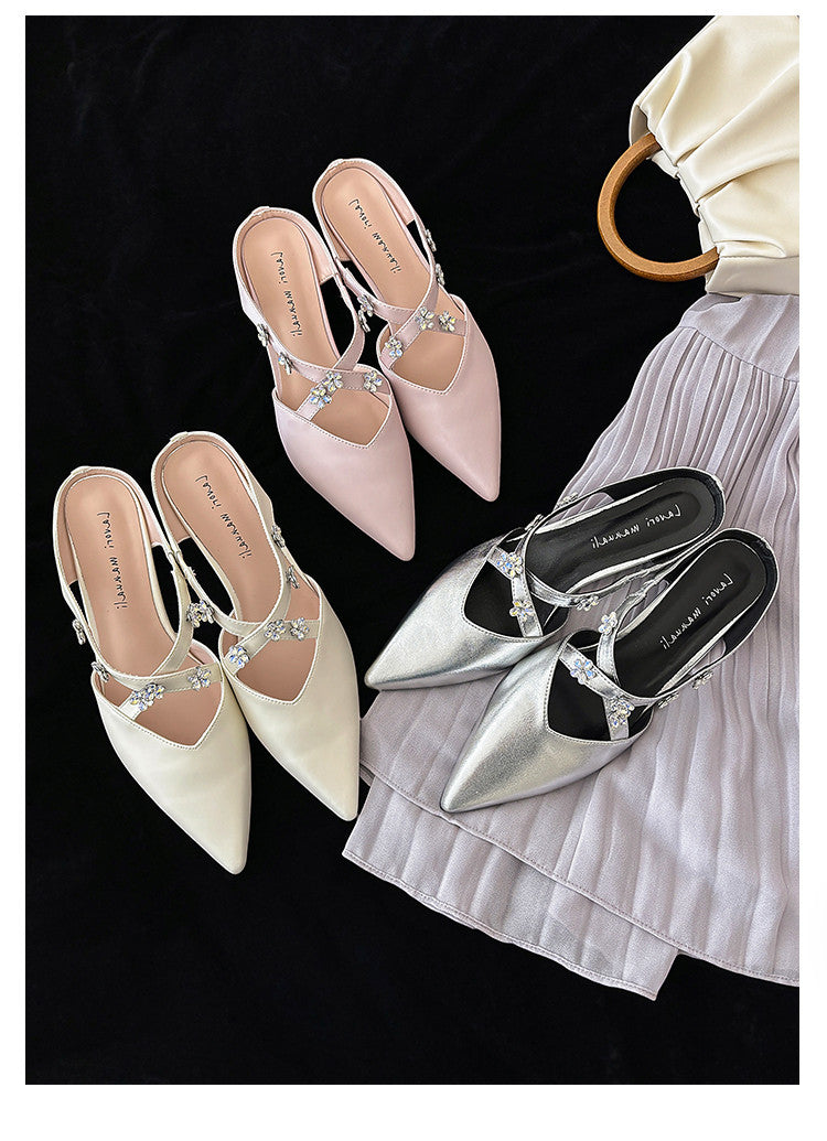 Karin Luna Elegant Pointed Toe Rhinestone Flower High Heel Mules