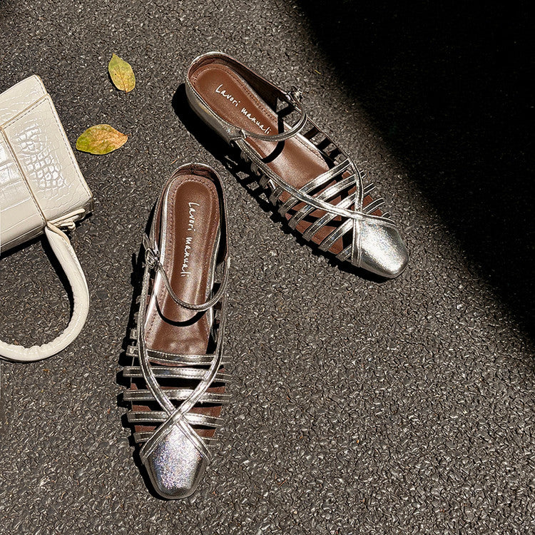 Karin Luna In Stock Spot Goods   French Retro Hollow Small Square Toe One-Strap Slippers