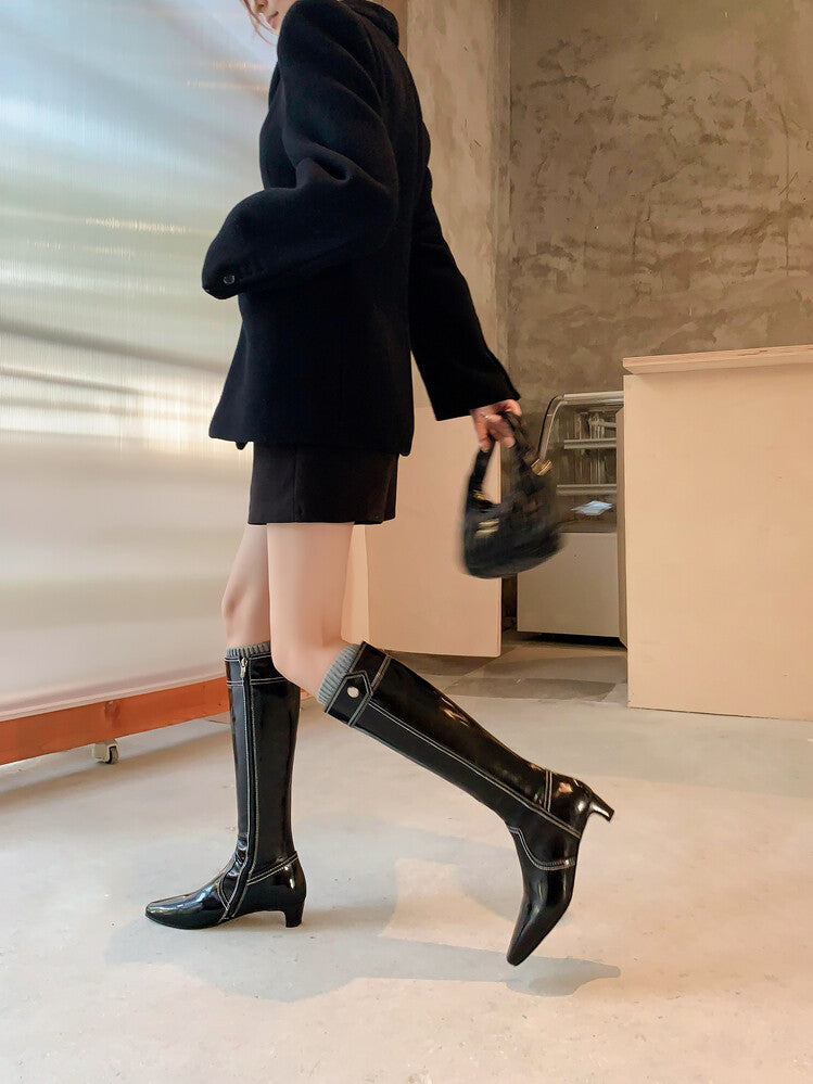 Karin Luna In Stock Spot Goods  Vintage Open Stitch Small Square Toe High Heel Side Zipper Riding Boots