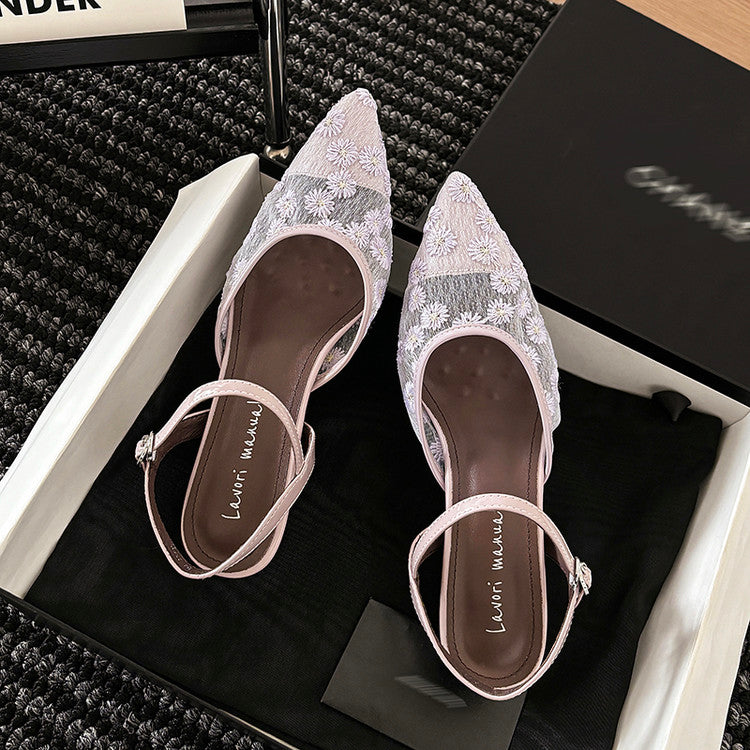 Karin Luna In Stock Spot Goods Embroidered Daisy Sheepskin Mesh Elegant Closed-Toe Slippers