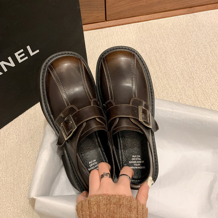 Karin Luna In Stock Spot Goods Metal Round Toe Cow Leather Thick Sole Flats