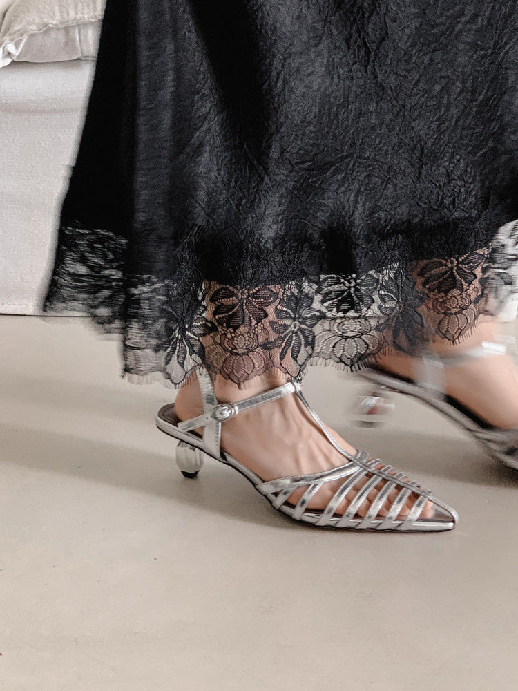 Karin Luna French Hollow Toe Metal Heel Elegant Sandals