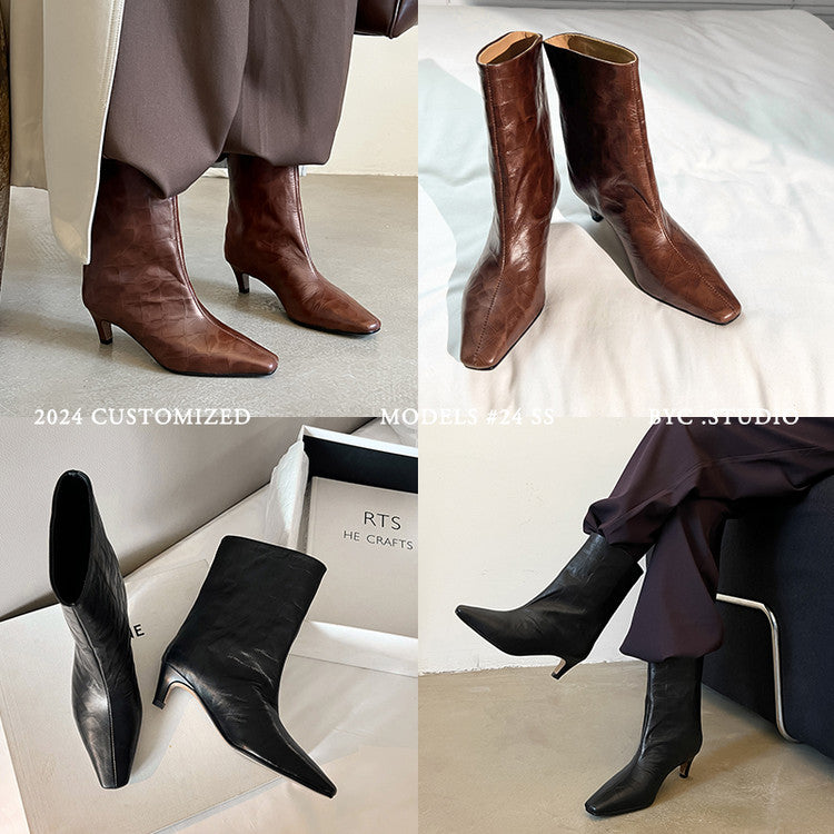 Karin Luna In Stock Spot Goods Top Layer Stone Pattern Cowhide Textured Small Square Toe Straight Short Boots