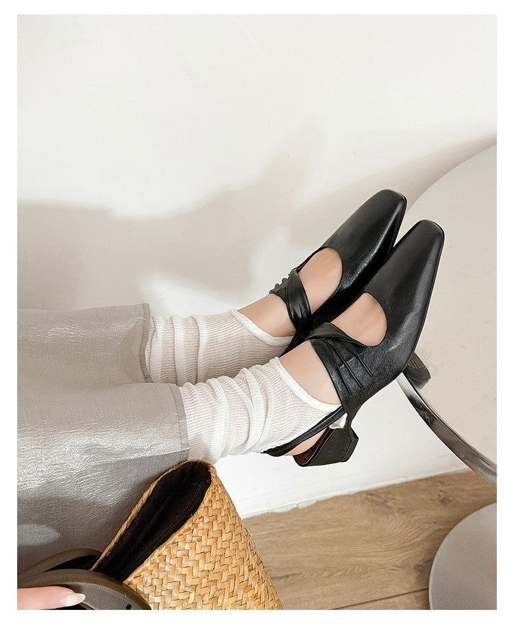 Karin Luna In Stock  Spot Goods Small Square Toe Wrinkled Chunky Heel Closed-Toe Sandals