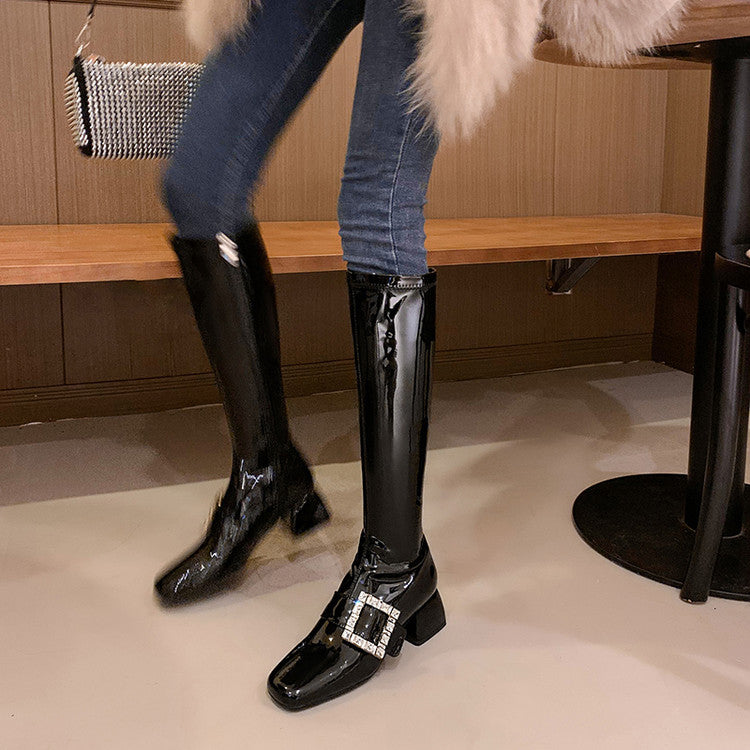 Karin Luna Elegant Style Ultra Slimming Rhinestone Chunky Heel British Style Riding Boots Long Boots