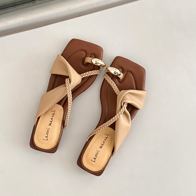 Karin Luna  Square Toe Braided Cross Thick Heel Flat Slippers