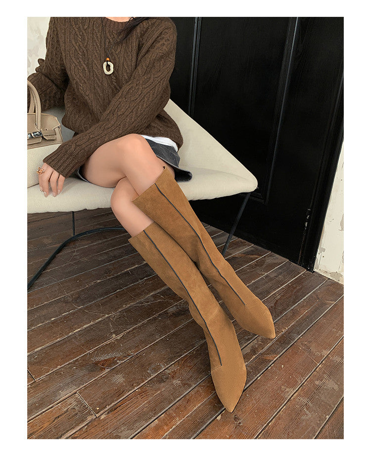 Karin Luna In Stock Spot Goods Retro Cowhide Pointed Toe Stiletto Elegant Long Boots
