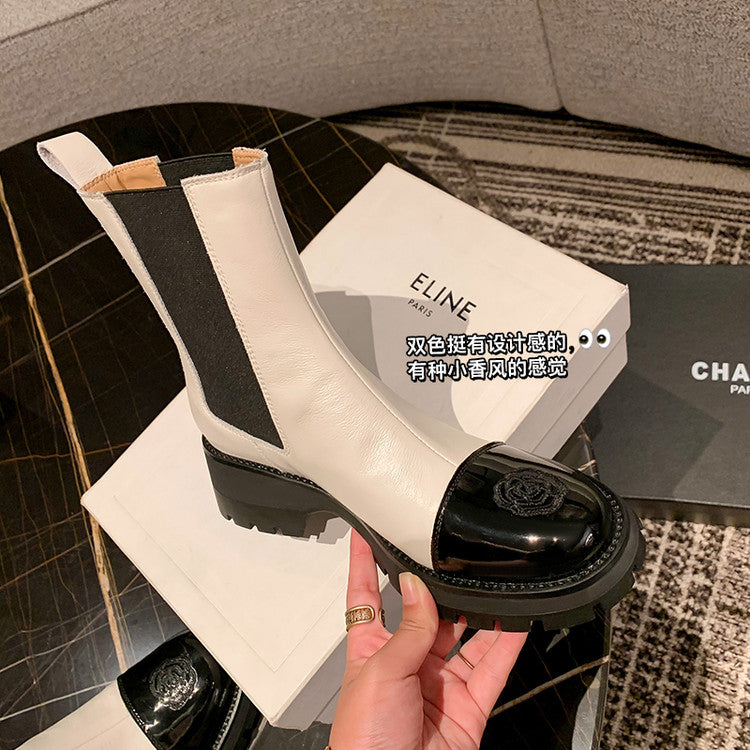 Karin Luna In Stock Spot Goods  Classic Embroidered Camellia Round Toe Thick Sole Chelsea Boots