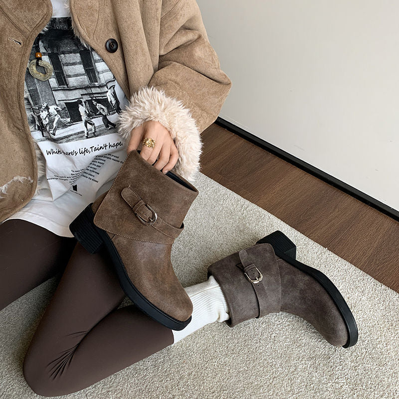 Karin Luna In Stock Spot Goods Versatile Basic Round Toe Belt Buckle Thick Sole Tube Boots