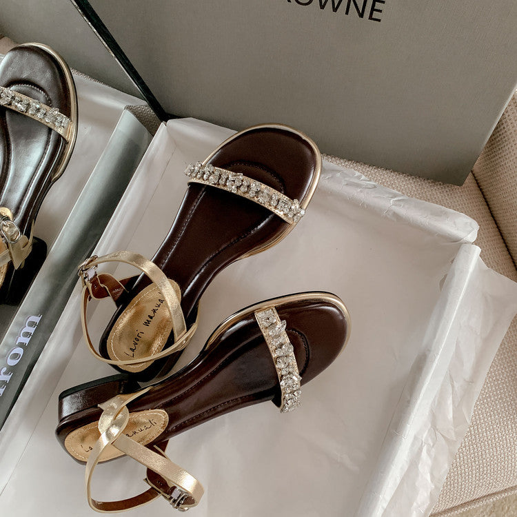 Karin Luna In Stock In Stock  Rhinestone Strap Round Toe Chunky Heel Sandals