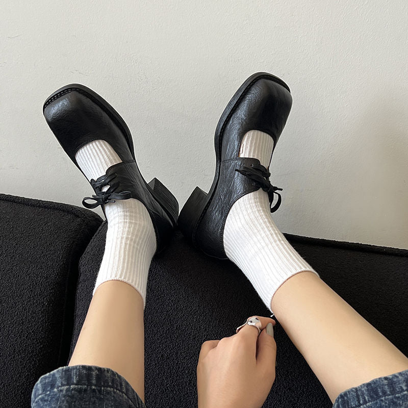 Karin Luna In Stock Spot Goods   Full leather inside and out Vegetable Tanned Hand-Grabbed Sheepskin Square-Toed Chunky Heel Single Shoes