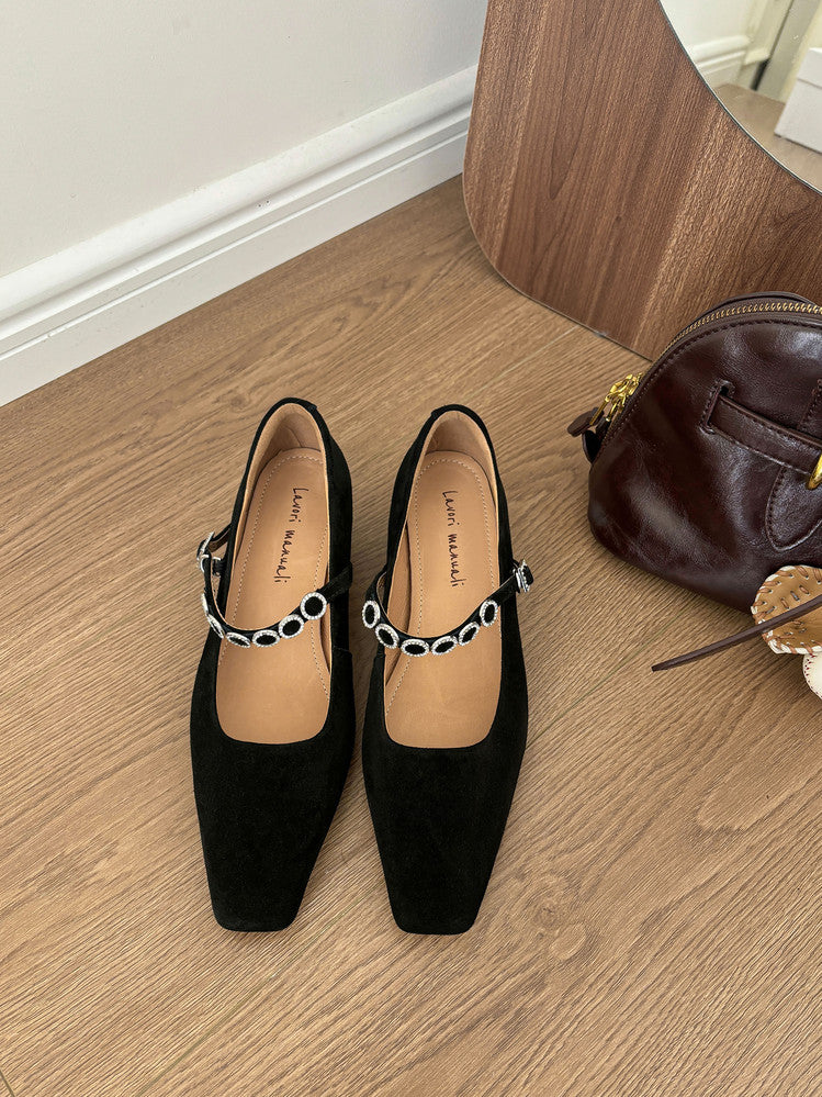 Karin Luna In Stock Spot Goods  Vintage Full Leather Square Toe Rhinestone Strap Shallow Mouth Single Shoes