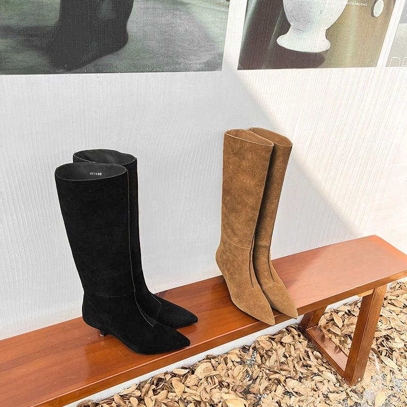 Karin Luna In Stock Spot Goods Retro Cowhide Pointed Toe Stiletto Elegant Long Boots