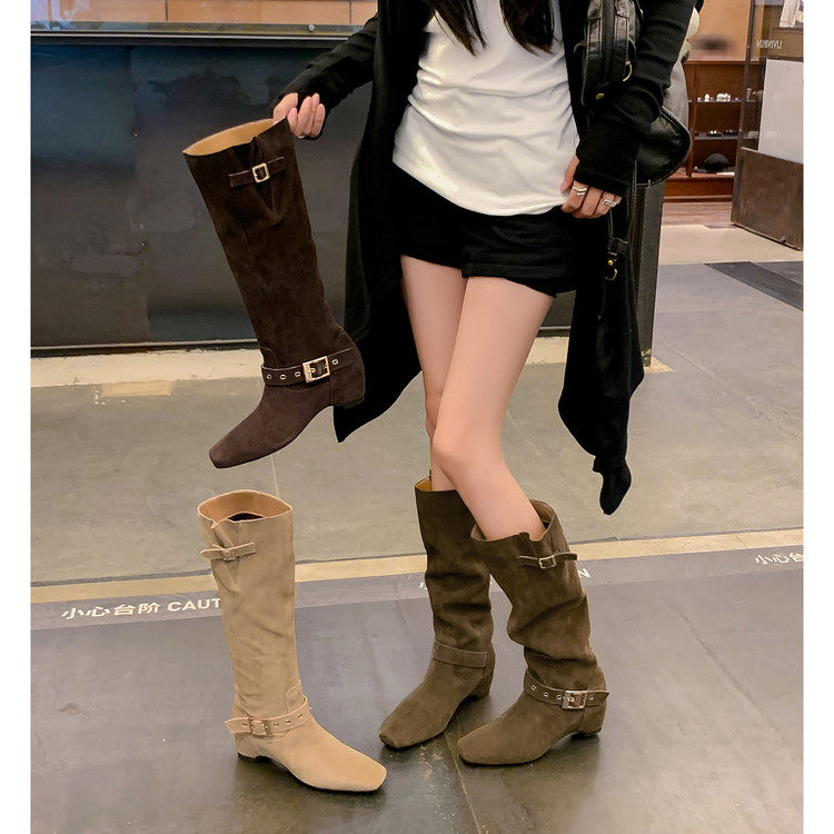 Karin Luna Data Model Belt Buckle Matte Square Toe Hidden Wedge Slouch Western Boots