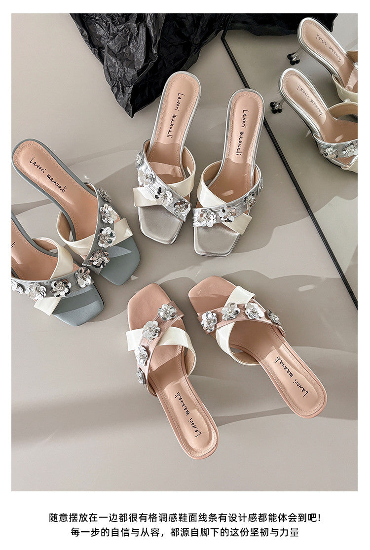 Karin Luna In Stock Spot Goods  Sequin Floral Cross Strap Square Toe Stiletto Slippers