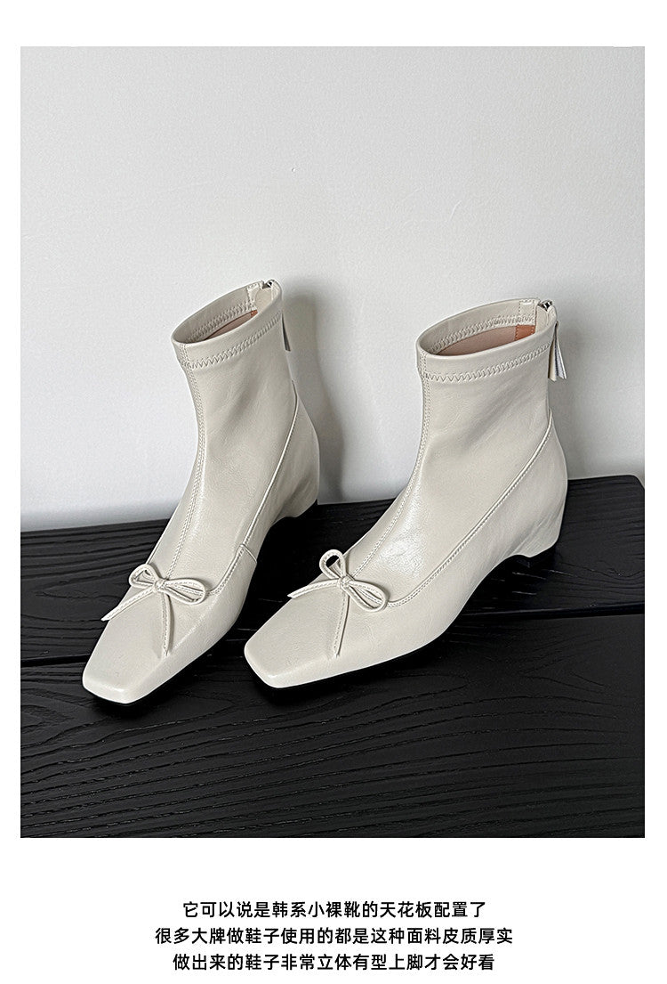 Karin Luna French Style Square Toe Bowknot Hidden Wedge Slim Boots