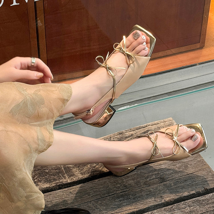 Karin Luna In Stock Spot Goods Square Toe Double Bow Thick Heel Sandals