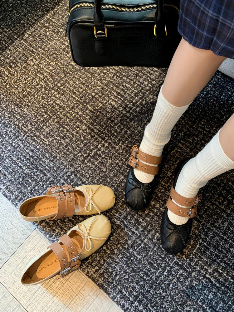 Karin Luna In Stock Spot Goods Minimalist Retro Round Toe Mary Jane Bowknot Height-Increasing Flats