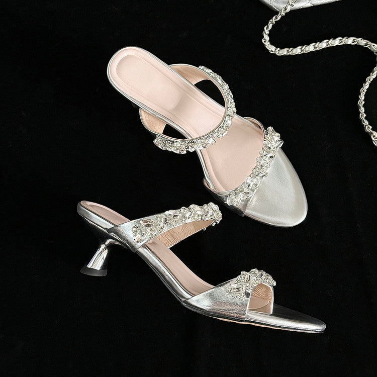 Karin Luna Exquisite Round Toe One-Strap Rhinestone Thin Heel Slippers