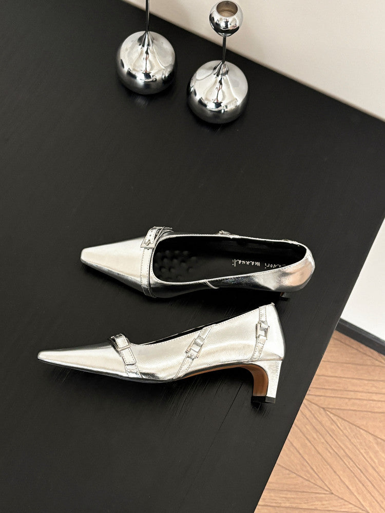 Karin Luna In Stock In Stock Retro Belt Buckle Small Square Toe Chunky Heel Single Shoes