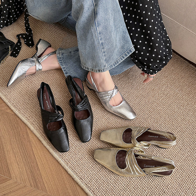 Karin Luna In Stock  Spot Goods Small Square Toe Wrinkled Chunky Heel Closed-Toe Sandals