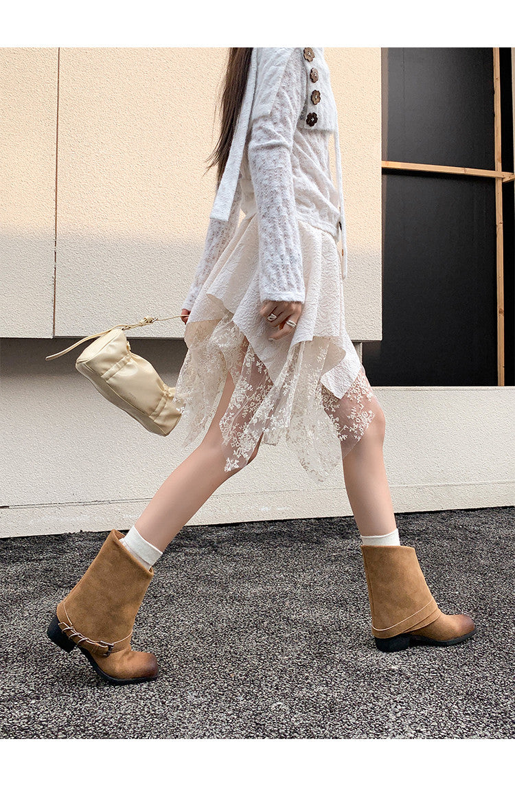 Karin Luna Elegant Style Square Toe Belt Buckle Pants Boot Short Boots