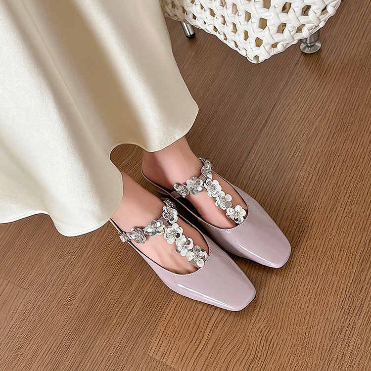 Karin Luna In Stock Spot Goods  T Handmade Sequin Flower Square Toe Height-Increasing Closed-Toe Slippers
